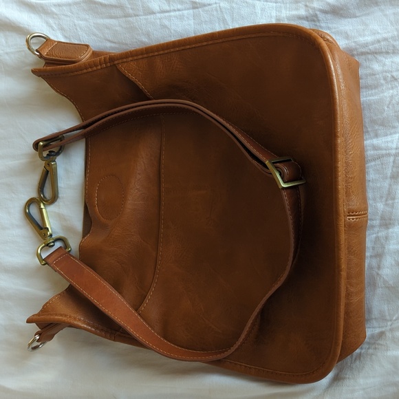 Ahdorned Social Threads Classic Vegan Leather Messenger Crossbody Bag in Camel - Picture 8 of 11